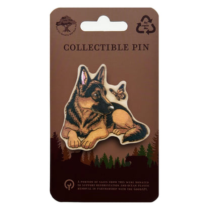 German Shepard and Butterfly - Wooden Lapel Pin & Magnet
