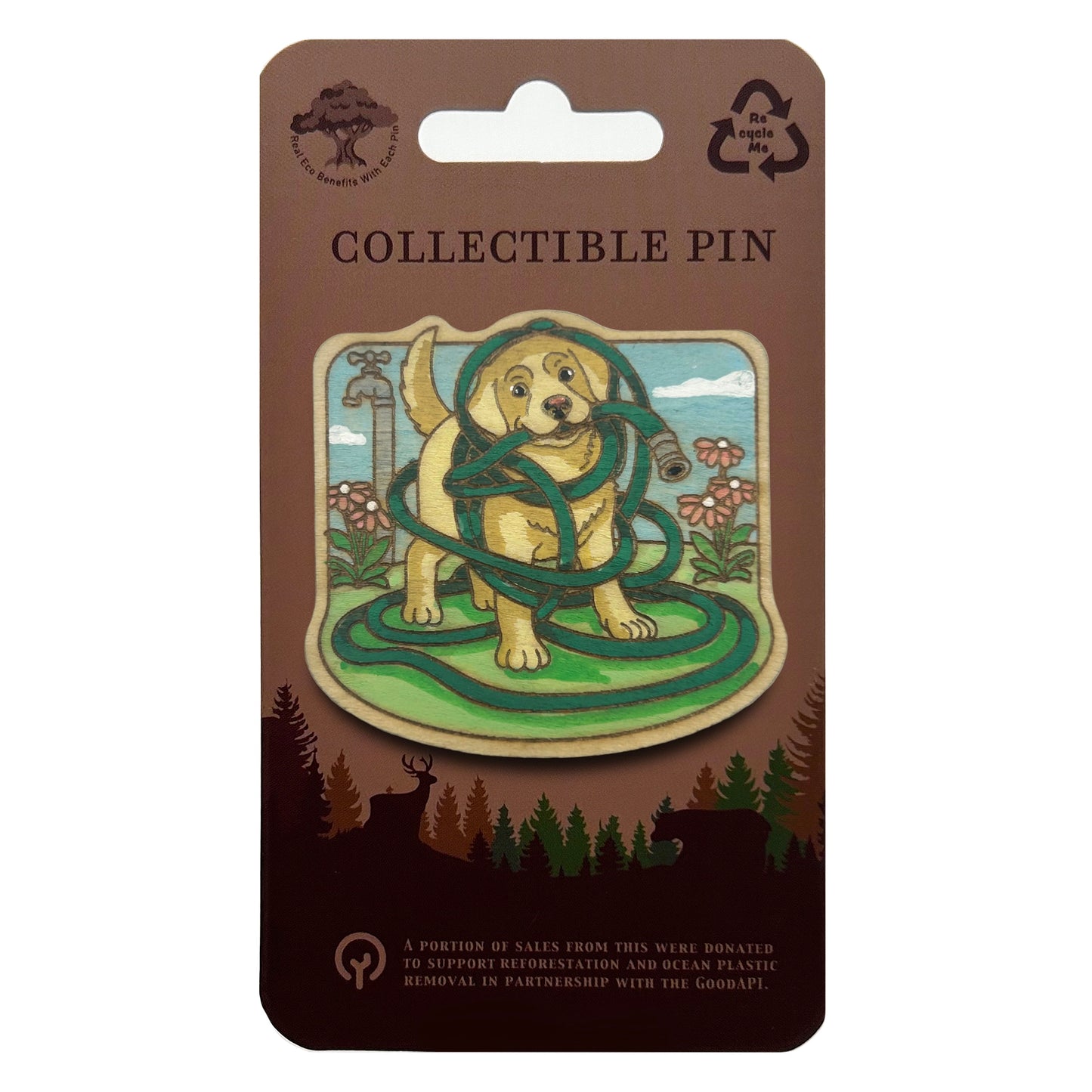 Labrador Puppy Tangled in Garden Hose - Wooden Lapel Pin & Magnet