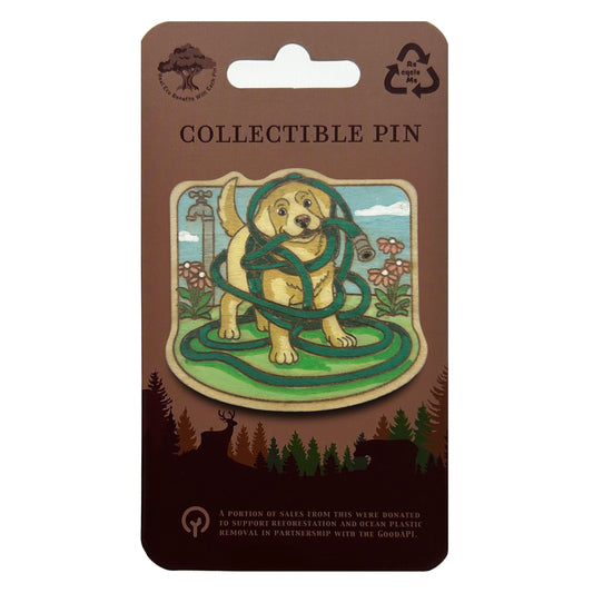 Labrador Puppy Tangled in Garden Hose - Wooden Lapel Pin & Magnet