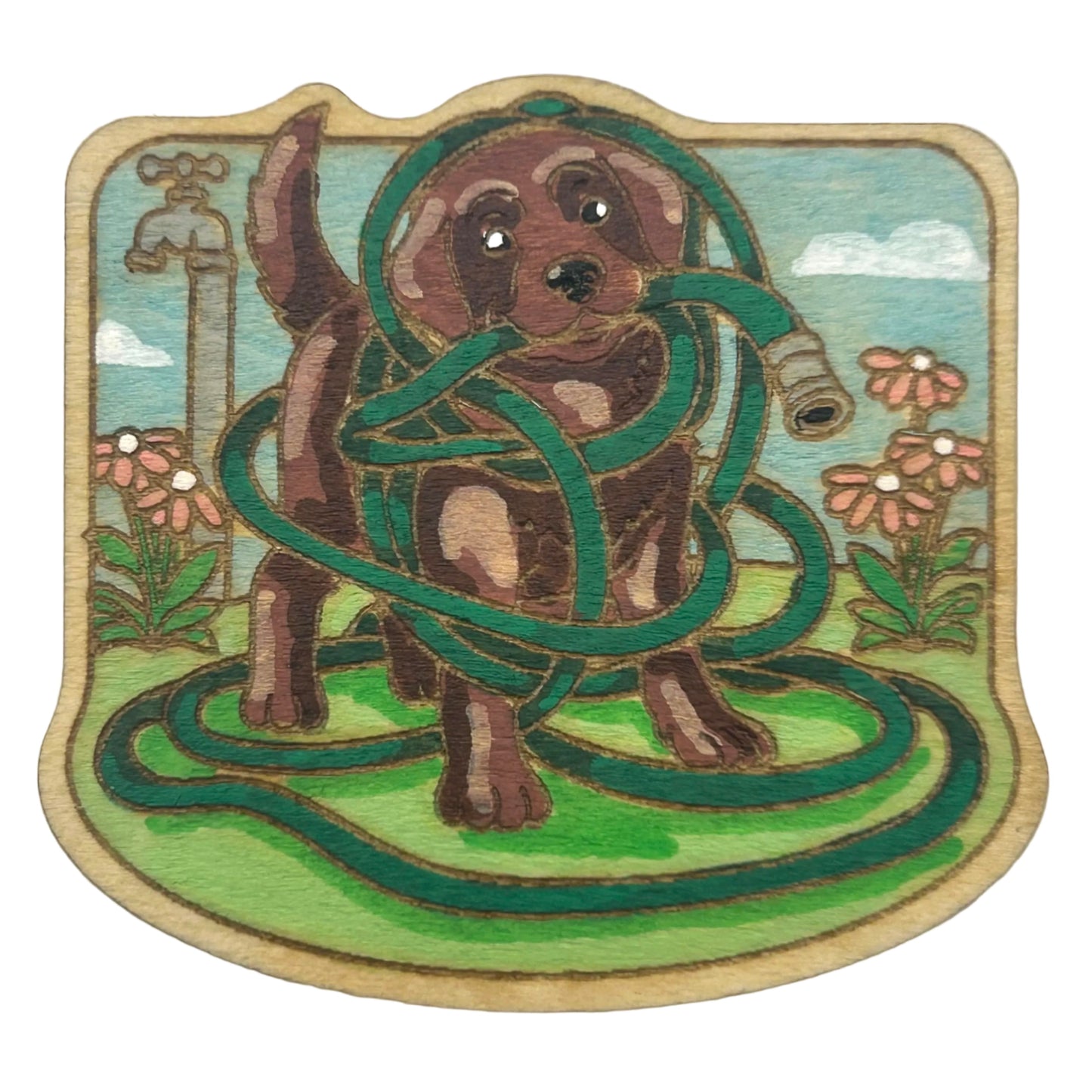 Labrador Puppy Tangled in Garden Hose - Wooden Lapel Pin & Magnet