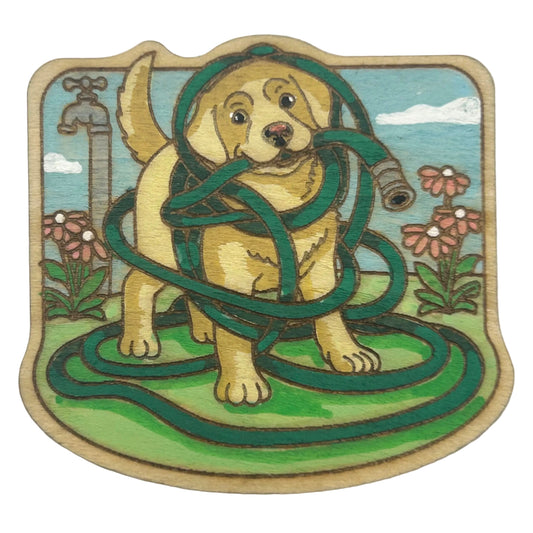 Labrador Puppy Tangled in Garden Hose - Wooden Lapel Pin & Magnet