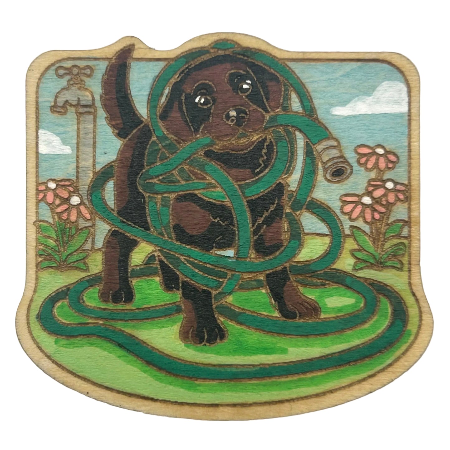 Labrador Puppy Tangled in Garden Hose - Wooden Lapel Pin & Magnet