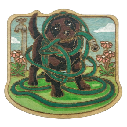 Labrador Puppy Tangled in Garden Hose - Wooden Lapel Pin & Magnet