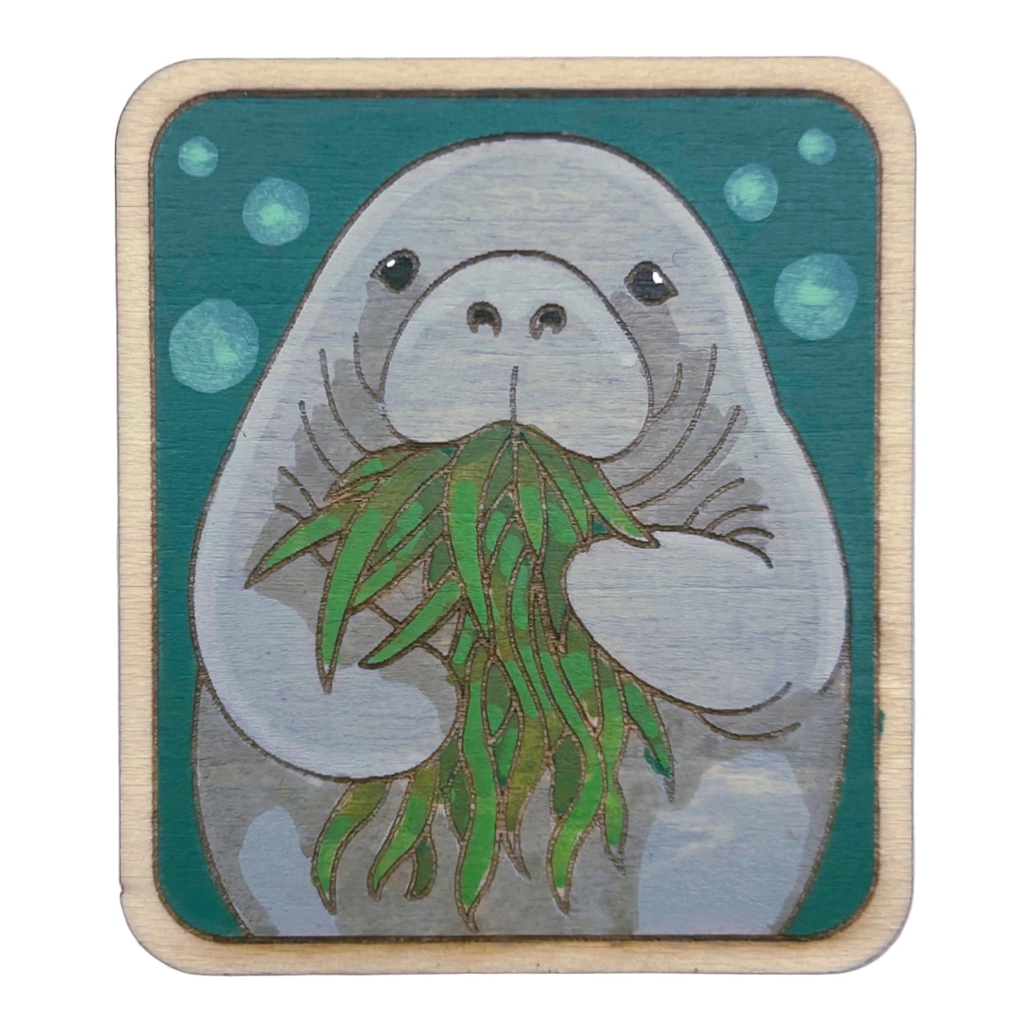 Manatee Eating Sea Grass - Wooden Lapel Pin & Magnet