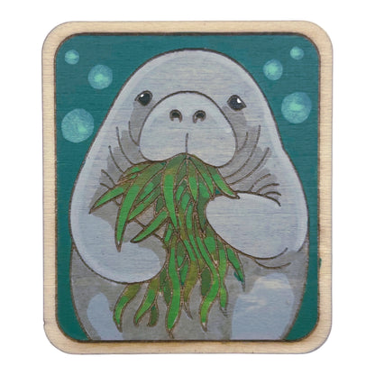 Manatee Eating Sea Grass - Wooden Lapel Pin & Magnet