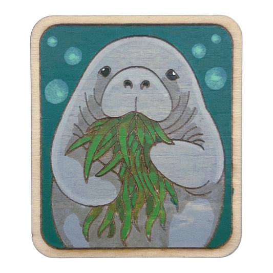 Manatee Eating Sea Grass - Wooden Lapel Pin & Magnet