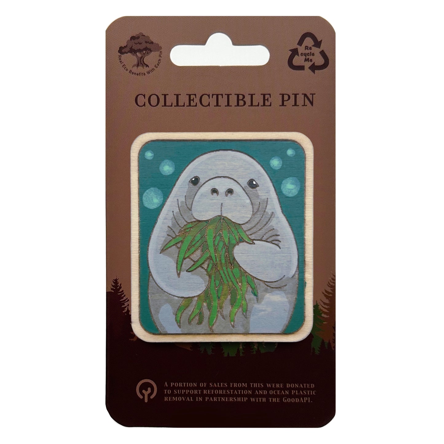 Manatee Eating Sea Grass - Wooden Lapel Pin & Magnet
