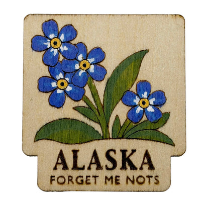 Alaska State Flower - Forget Me Nots - Wooden Lapel Pin & Magnet