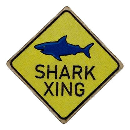 Shark Crossing Sign - Wooden Lapel Pin & Magnet