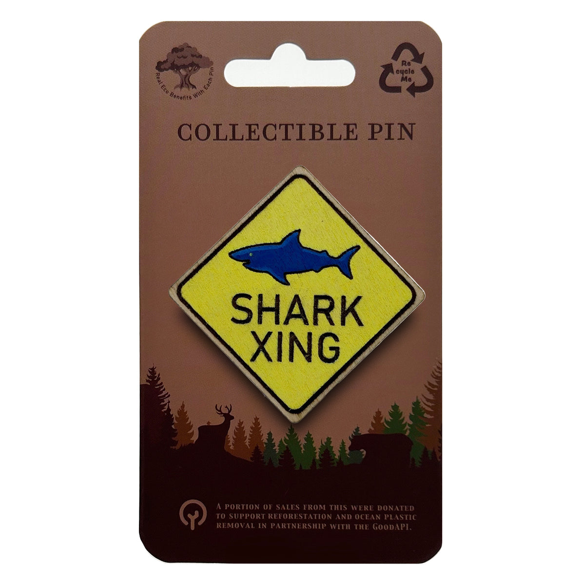 Shark Crossing Sign - Wooden Lapel Pin & Magnet
