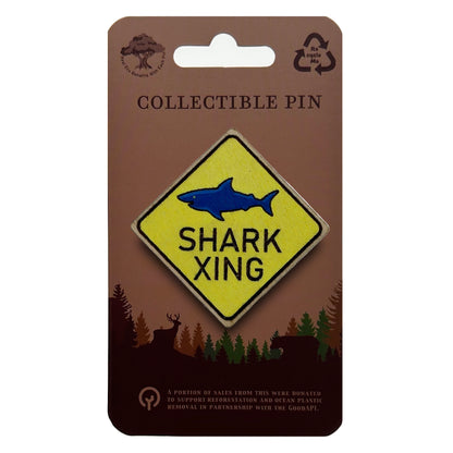 Shark Crossing Sign - Wooden Lapel Pin & Magnet