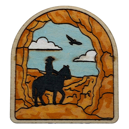 Cowboy and Horse in Canyon - Wooden Lapel Pin & Magnet