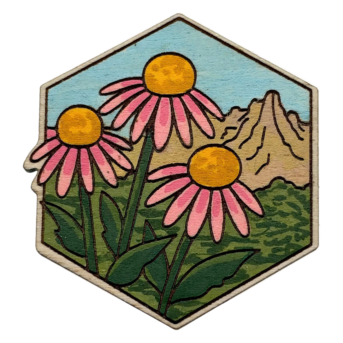 Purple Coneflower - Badlands NP - Wooden Lapel Pin & Magnet
