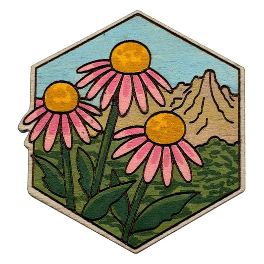 Purple Coneflower - Badlands NP - Wooden Lapel Pin & Magnet