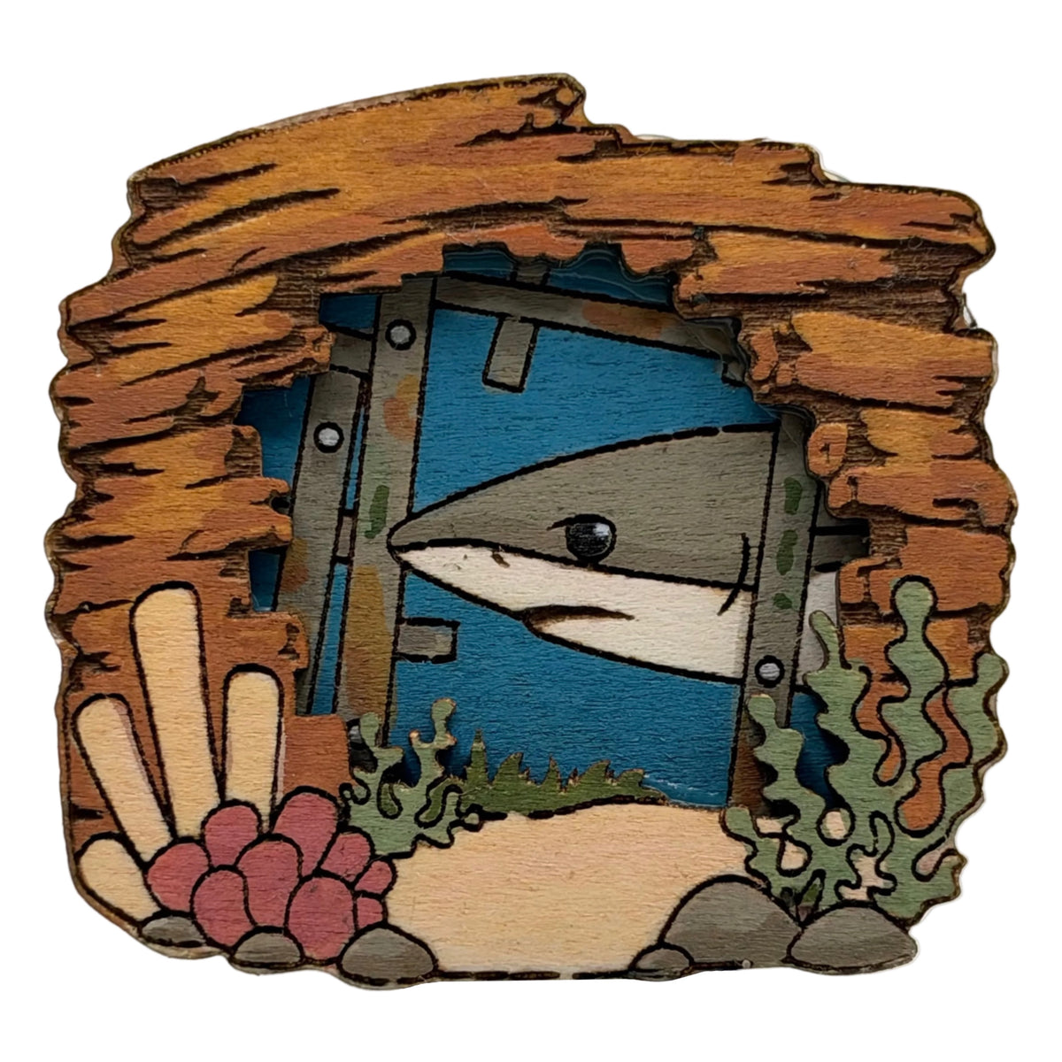 Shark in Shipwreck - Wooden Lapel Pin & Magnet