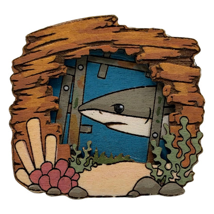 Shark in Shipwreck - Wooden Lapel Pin & Magnet