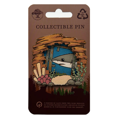 Shark in Shipwreck - Wooden Lapel Pin & Magnet