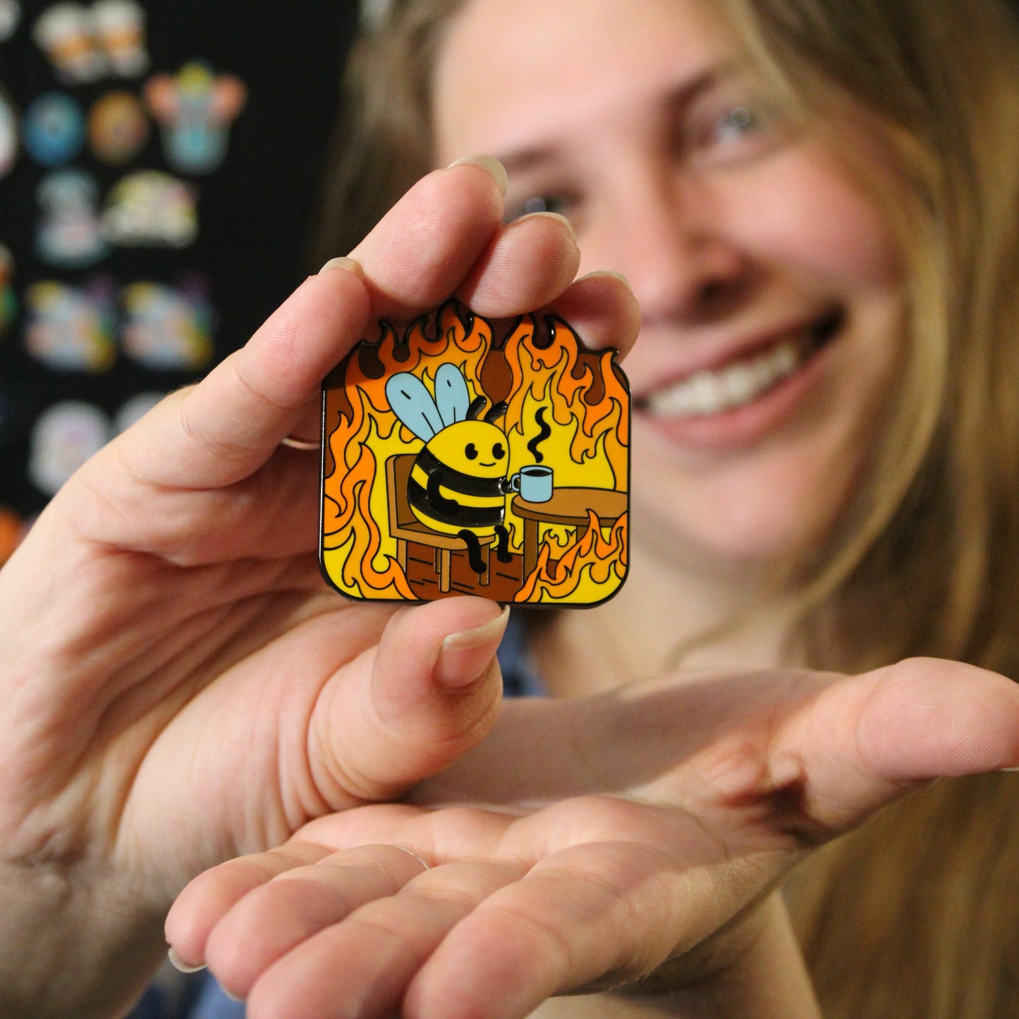 2025 - Everything Is Fine - Bee Sipping Tea In Fire Pin - Pin Hive Exclusive