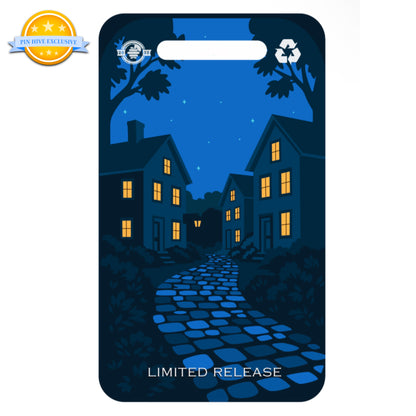 Card with a night scene of houses and cobblestone path, featuring a limited release label.