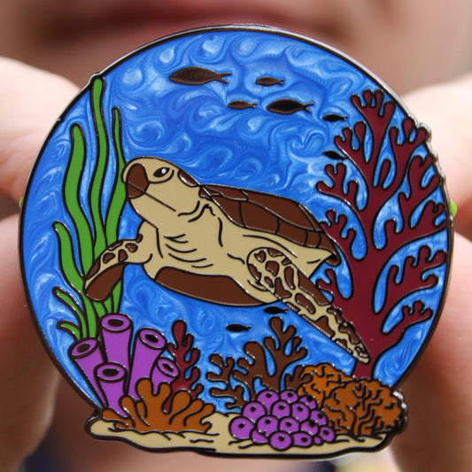 Green Sea Turtle Pin - Swimming in Coral Reef