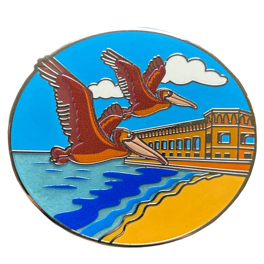 Dry Tortugas enamel pin with pelicans flying over Fort Jefferson beach