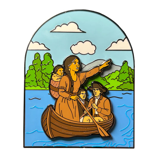 Sacagawea Lewis and Clark enamel pin paddling canoe on Missouri River
