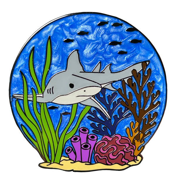 bull shark pin swimming at coral reef with pearlescent effect