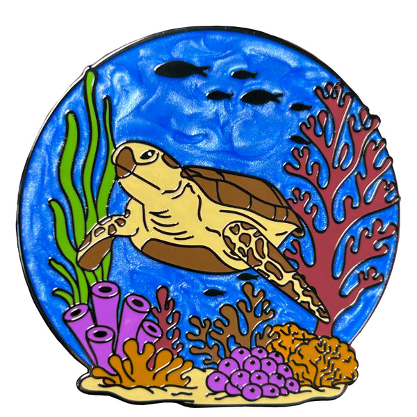 Green Sea Turtle Pin With Magnet  - Swimming in Coral Reef