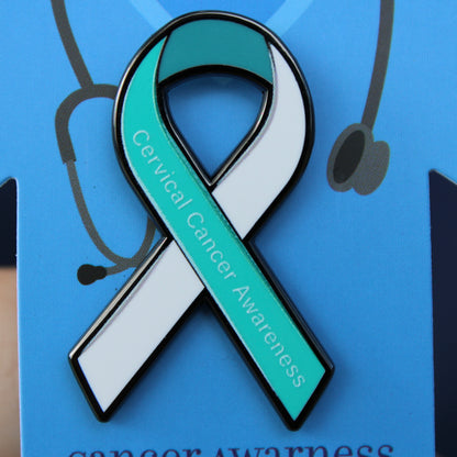 Blue scrub backing card with cervical cancer awareness ribbon displayed on front