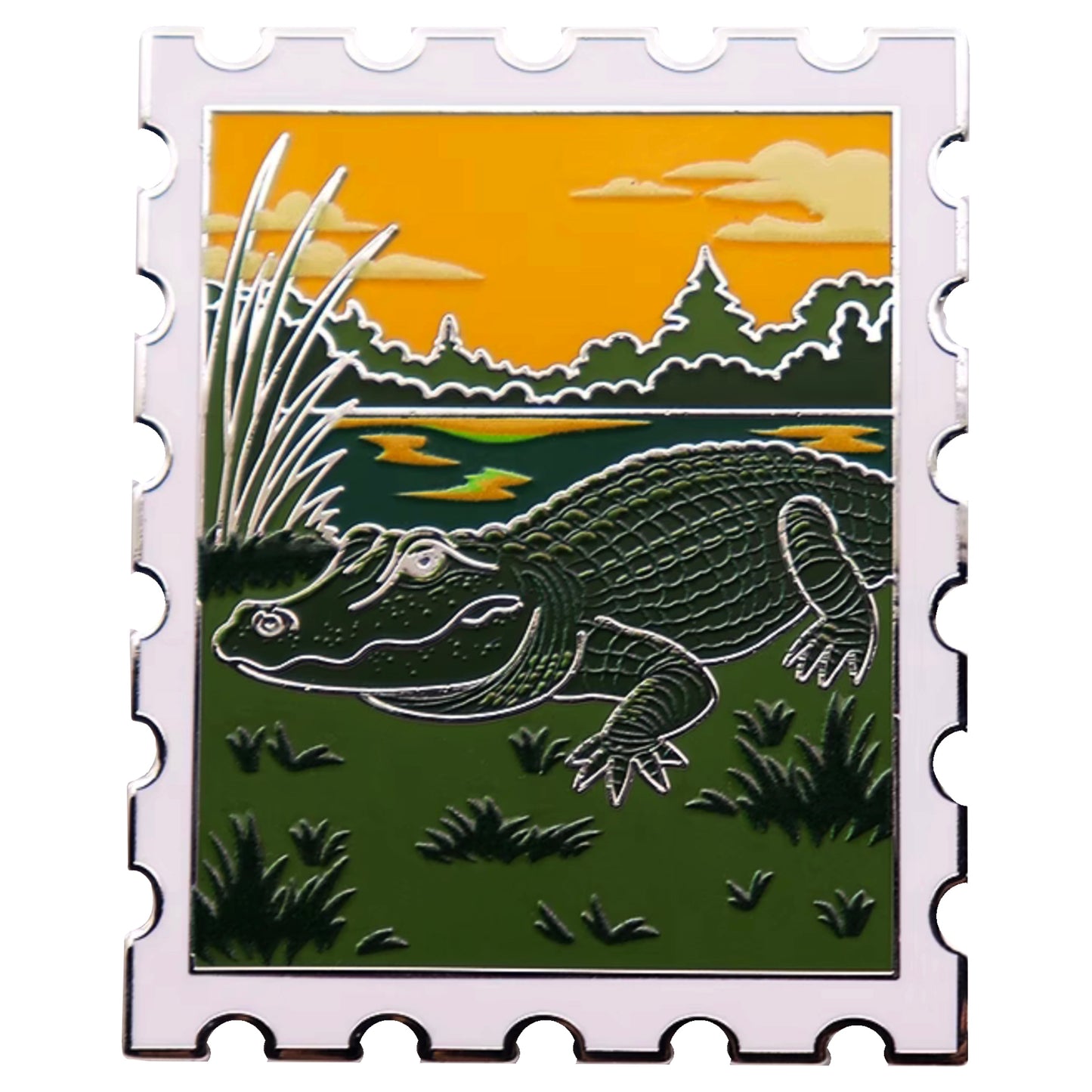 American alligator postage stamp enamel pin with Everglades sunset scene