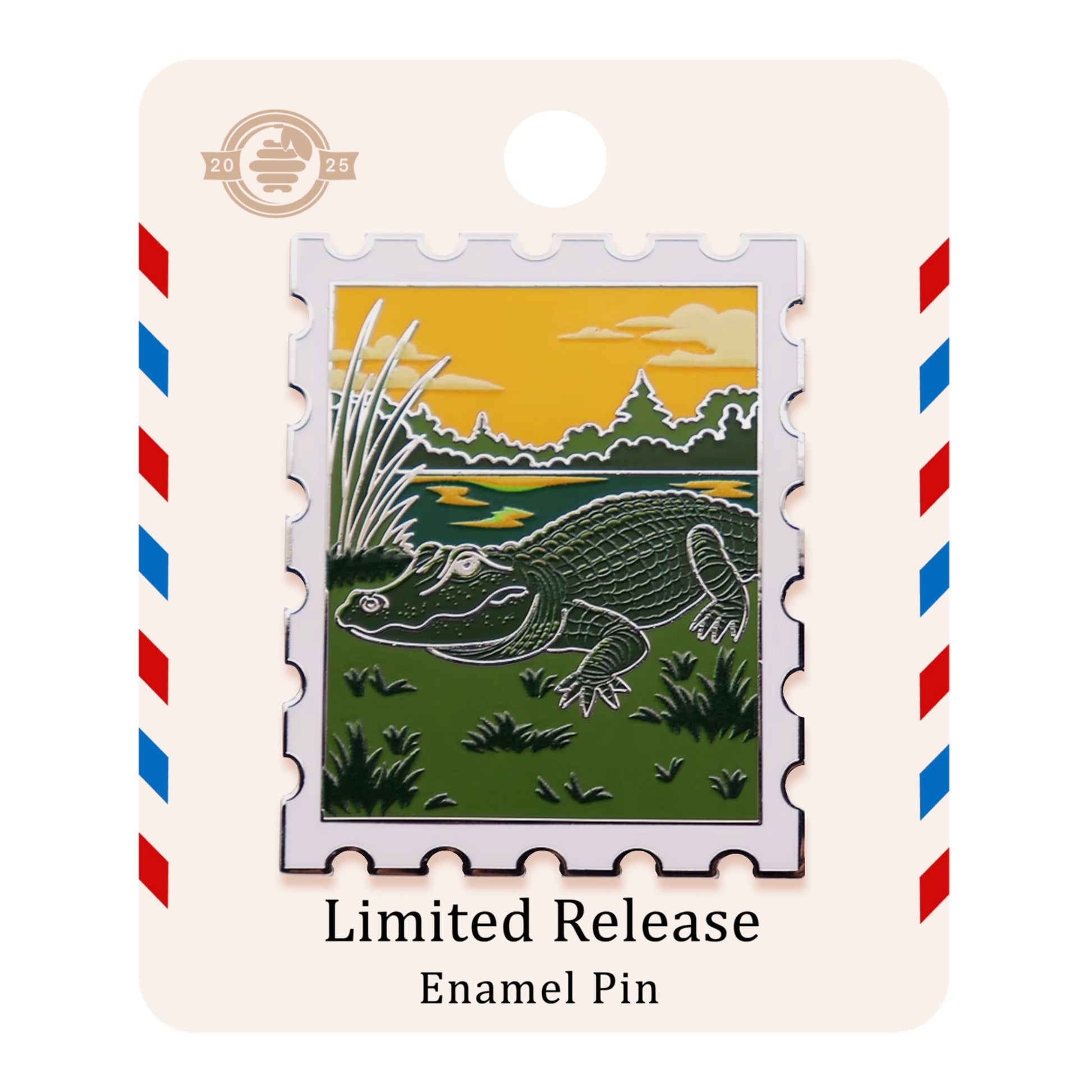 Close up of American alligator Everglades postage stamp pin on airmail backing card