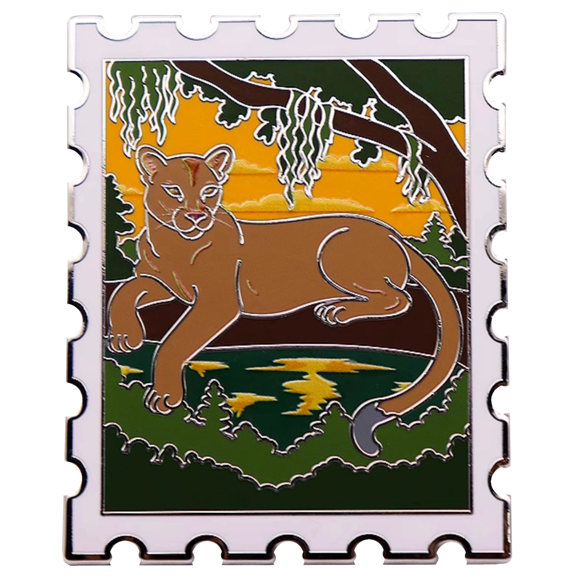 Florida panther postage stamp enamel pin with Everglades sunset