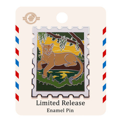 Close up of Florida panther Everglades postage stamp pin on airmail backing card