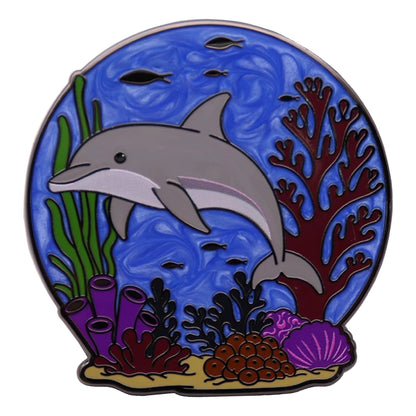 Bottlenose dolphin enamel pin on blue ocean backing card, limited release by Pin Hive