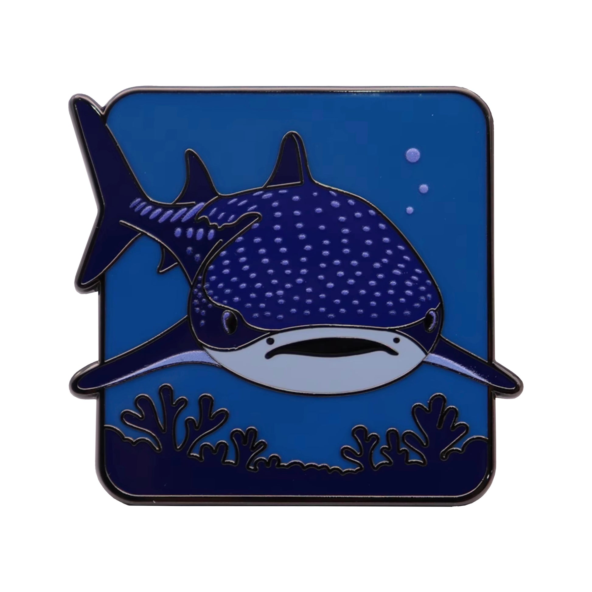Whale shark enamel pin on blue ocean-themed backing card, limited release by Pin Hive