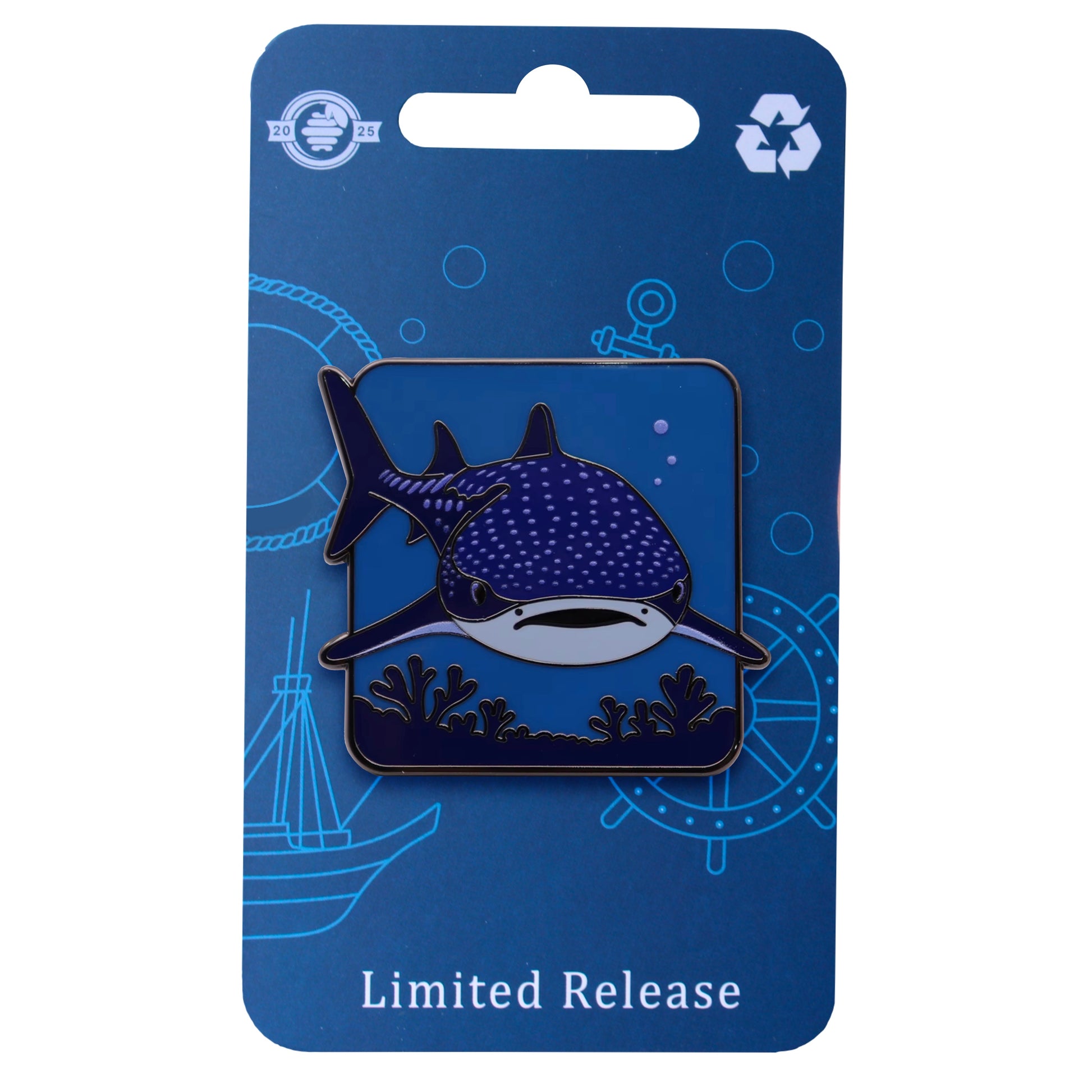 Whale shark enamel pin from Pin Hive’s Ocean Creatures Series displayed on backing card