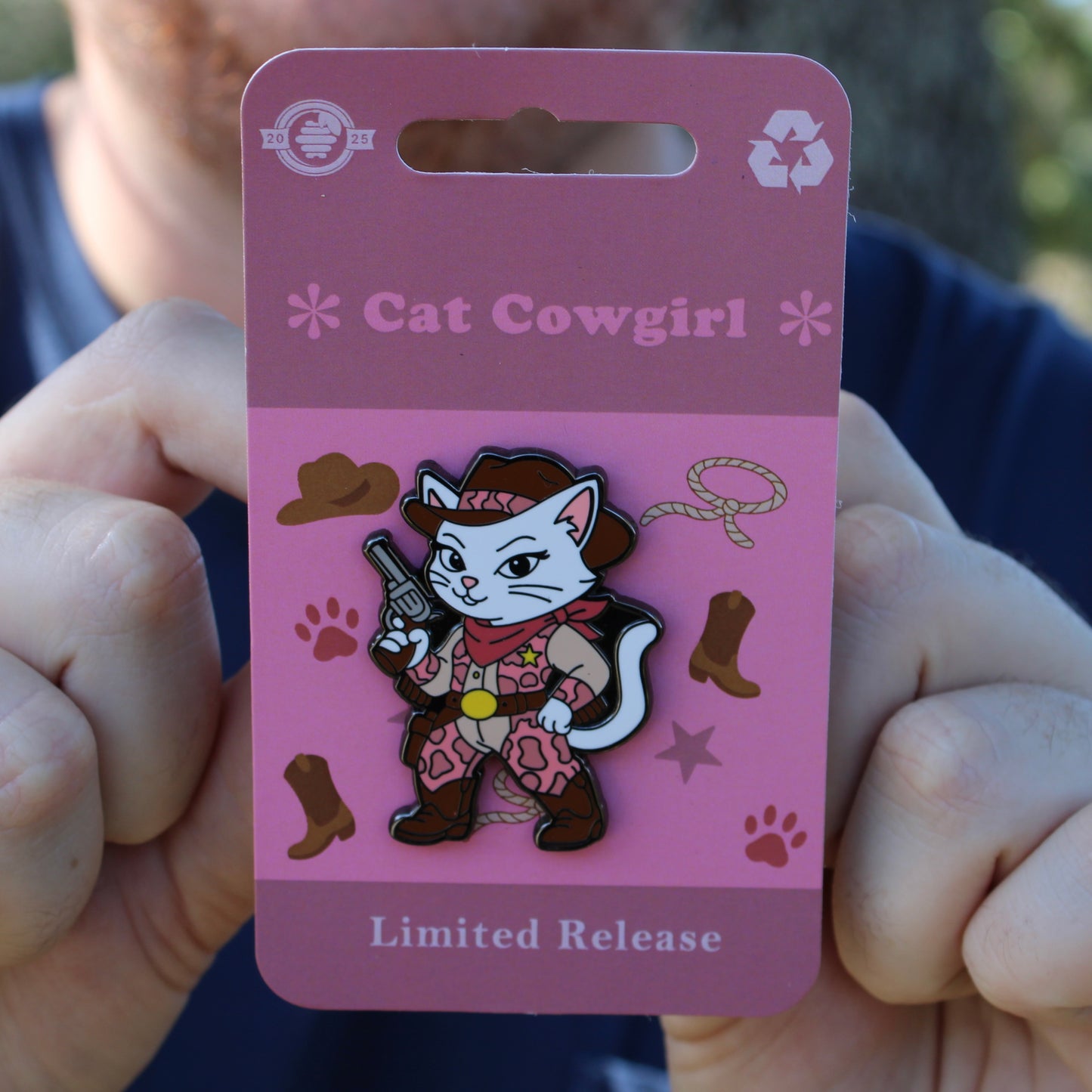 Cat Cowgirl Pin - Wearing Pink Cow Print Chaps