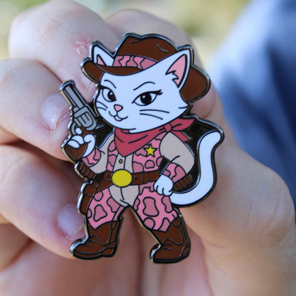 Cat Cowgirl Pin - Wearing Pink Cow Print Chaps