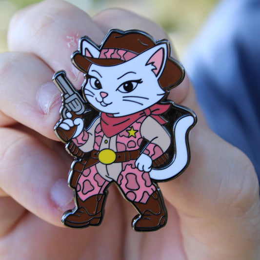 Cat Cowgirl Pin - Wearing Pink Cow Print Chaps