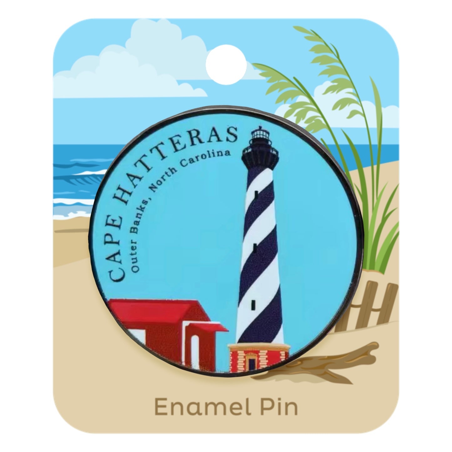 Outer Banks North Carolina Cape Hatteras lighthouse pin on beach backing card