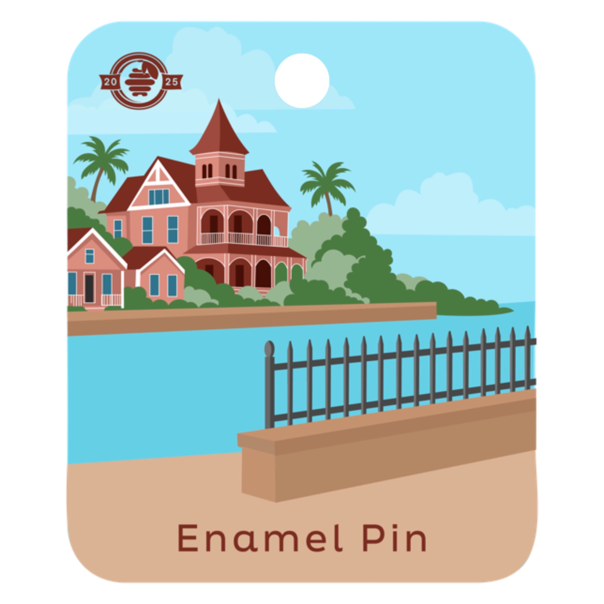 Key West waterfront backing card with pastel houses, palm trees and seawall, no enamel pin attached