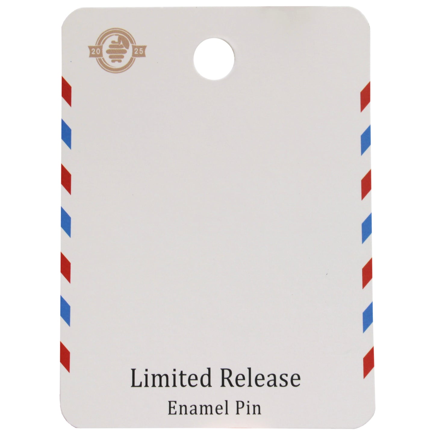 Card themed like air mail with 'Limited Release Enamel Pin' text on a white background