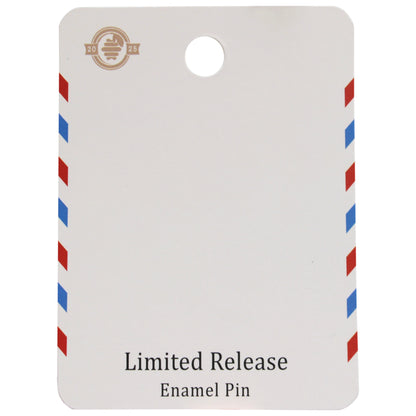 Card themed like air mail with 'Limited Release Enamel Pin' text on a white background