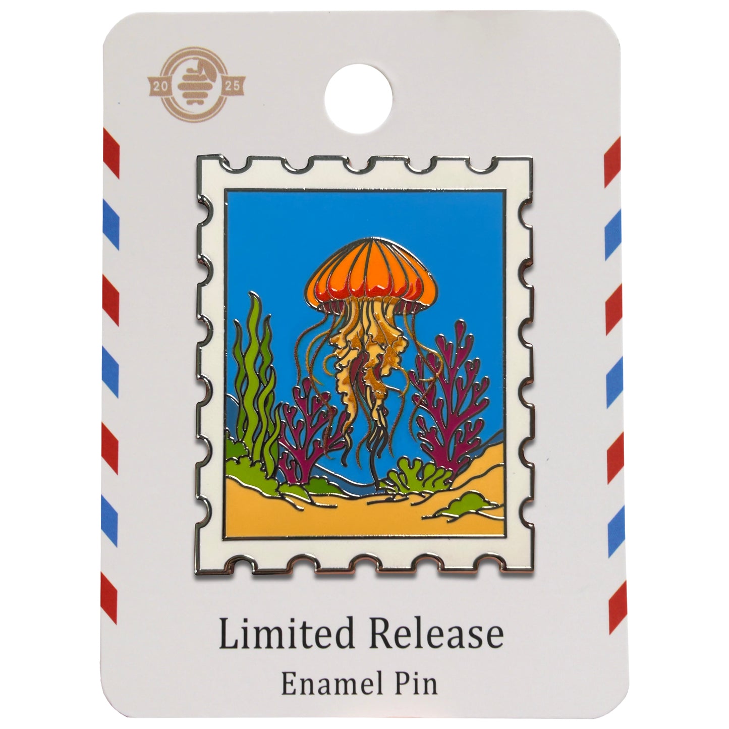 pacific sea nettle jellyfish postage stamp pin on a air mail inspired backing card