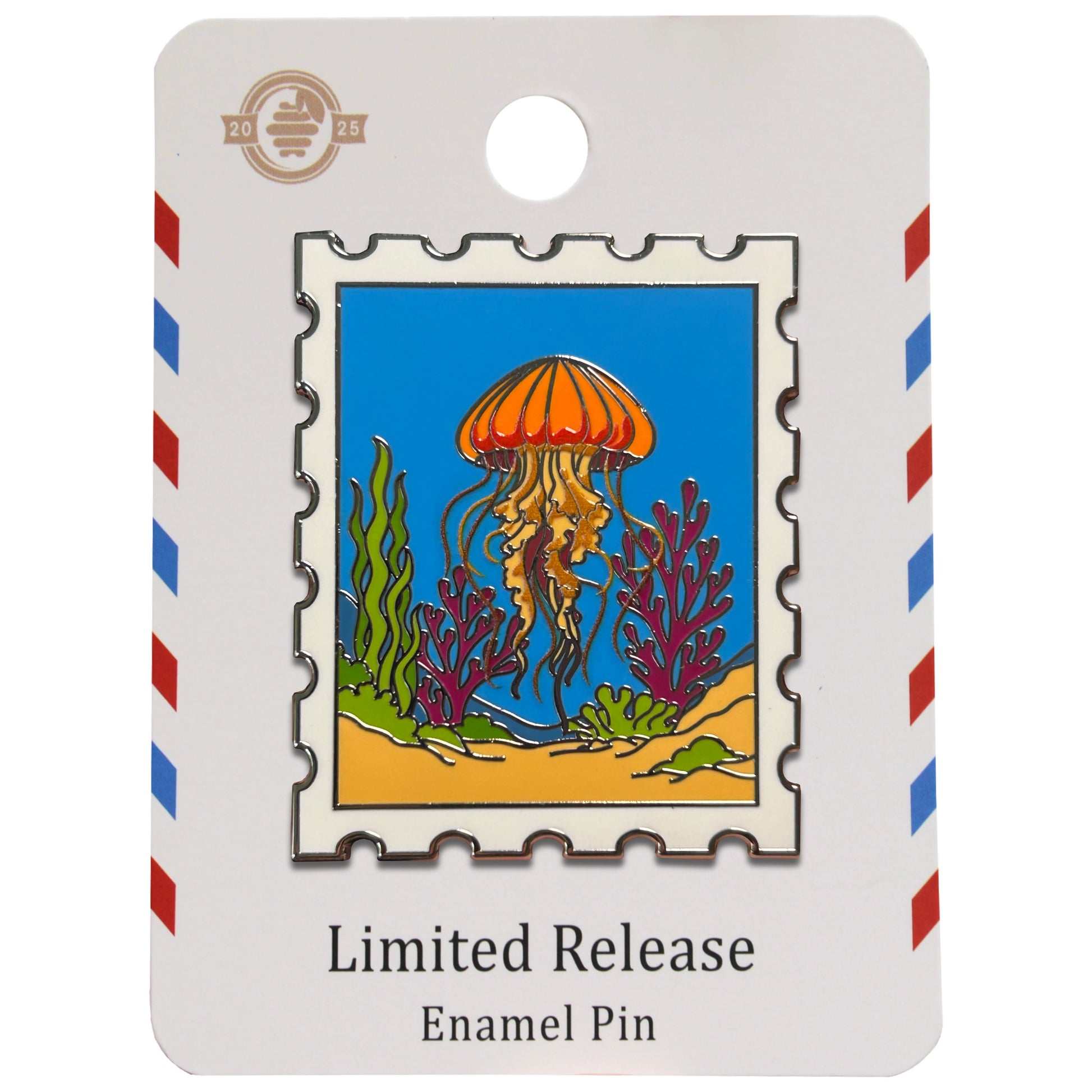 pacific sea nettle jellyfish postage stamp pin on a air mail inspired backing card