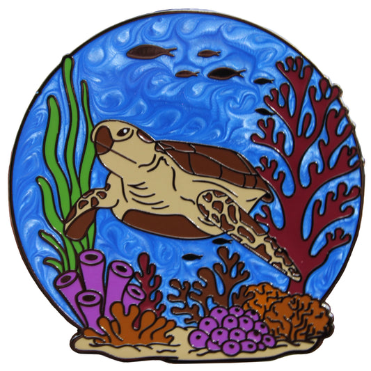 Green Sea Turtle Pin - Swimming in Coral Reef