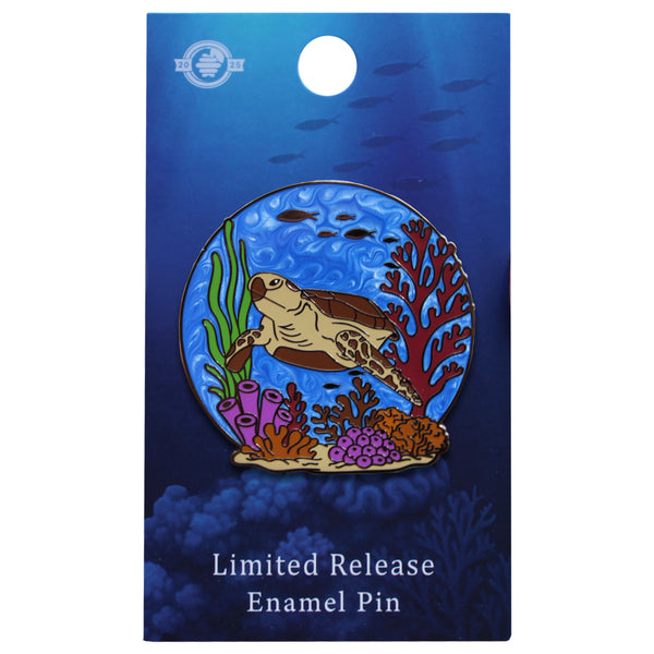 Green Sea Turtle Pin With Magnet  - Swimming in Coral Reef