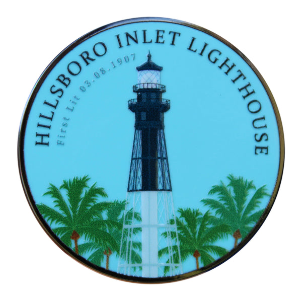 Round badge with Hillsboro Inlet Lighthouse design on a light blue background