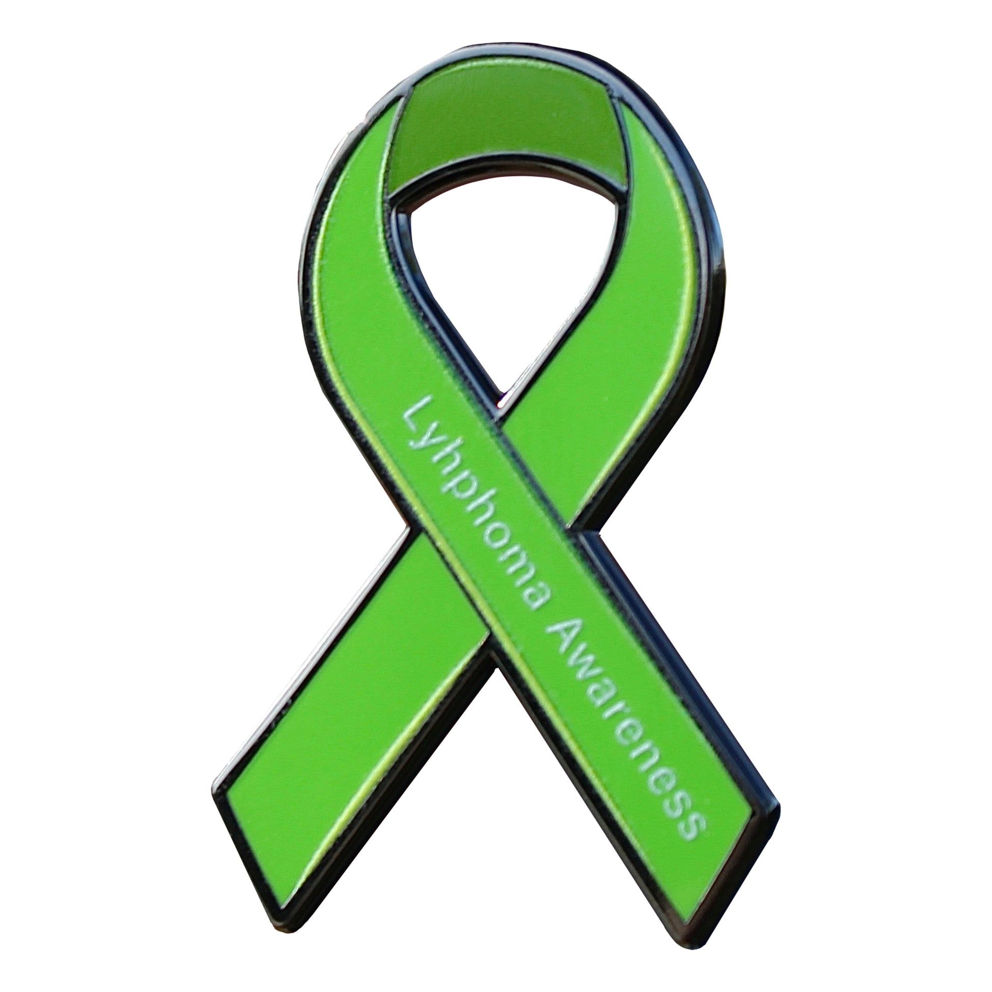 Green ribbon with 'Lymphoma Awareness' text on a white background