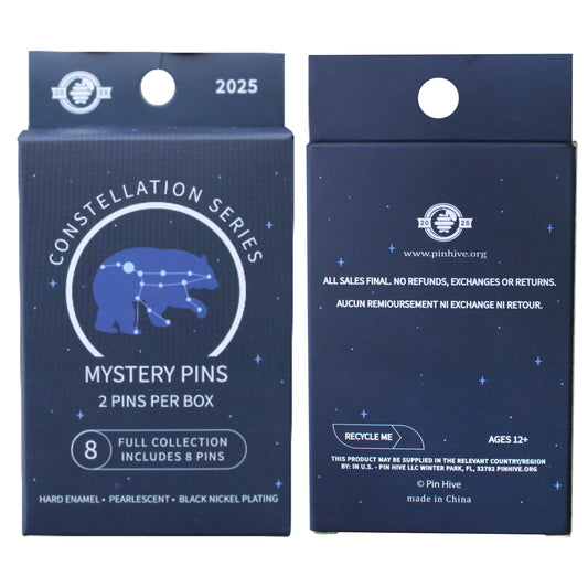 Box packaging for 'Constellation Series Mystery Pins' with ursa major big dipper constellation design.